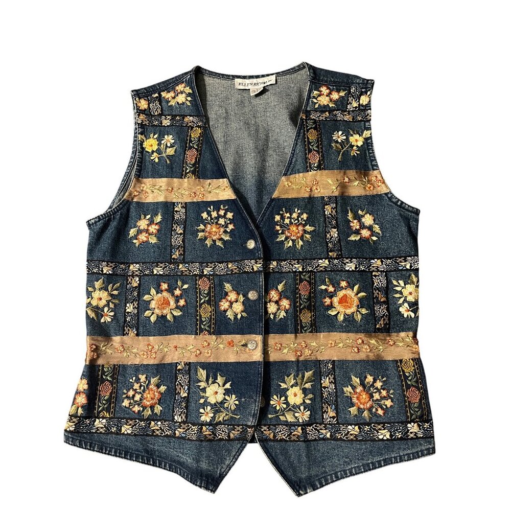 Ellen Richman Women’s Fall Blue Jean Denim Vintage Embroidered Vest sz Lg